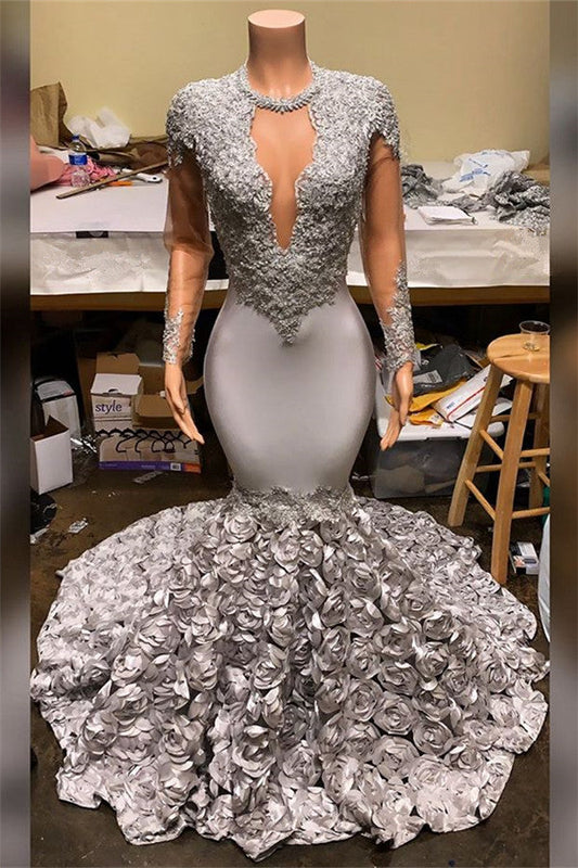 Gorgeous Silver Long Sleeves Mermaid Appliques Flowers Prom Dress