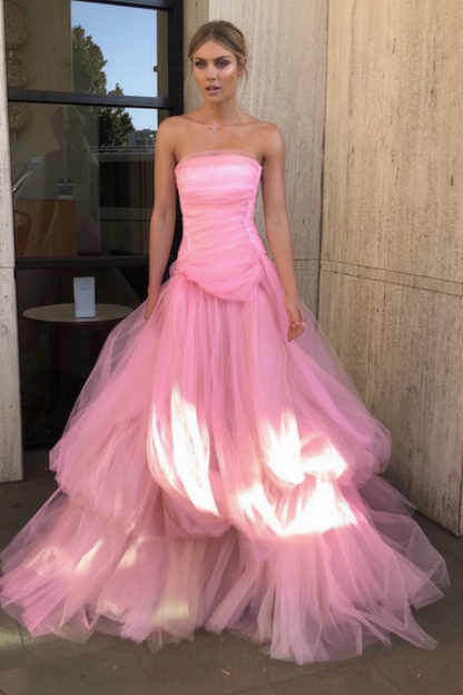 Gorgeous Strapless Layered Light Pink Tulle Long Prom Dresses Light Pink Tulle Formal Graduation Evening Dresses