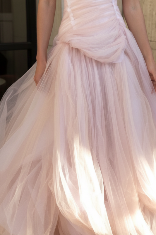 Gorgeous Strapless Layered Light Pink Tulle Long Prom Dresses Light Pink Tulle Formal Graduation Evening Dresses