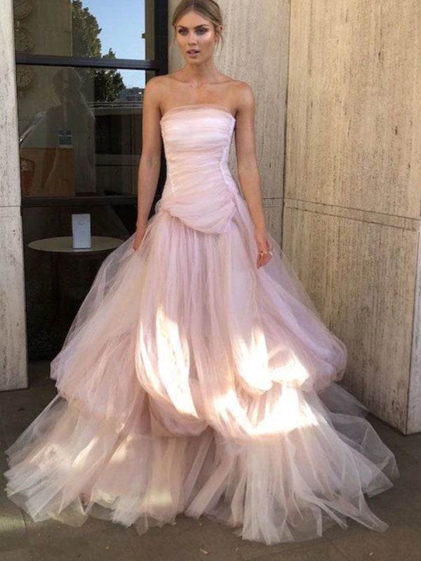 Gorgeous Strapless Layered Light Pink Tulle Long Prom Dresses Light Pink Tulle Formal Graduation Evening Dresses