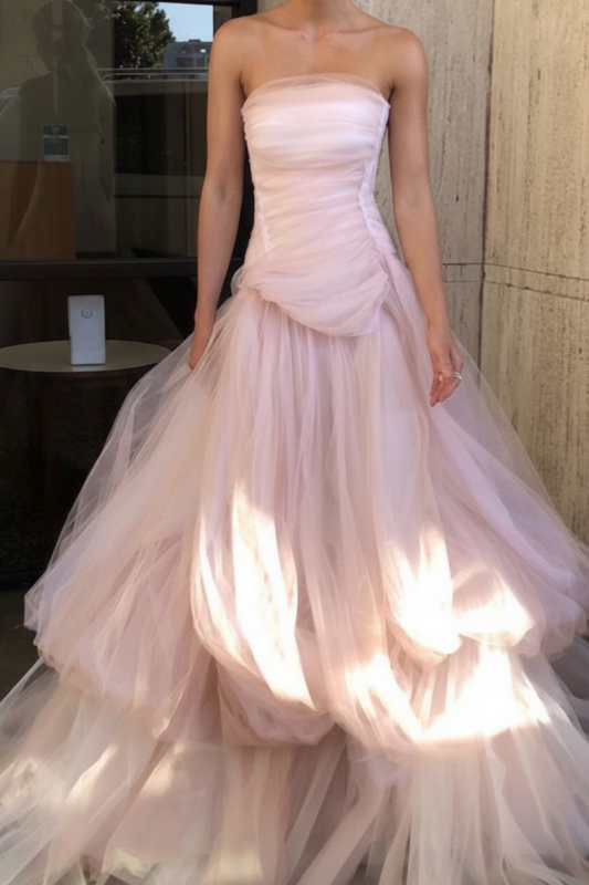 Gorgeous Strapless Layered Light Pink Tulle Long Prom Dresses Light Pink Tulle Formal Graduation Evening Dresses