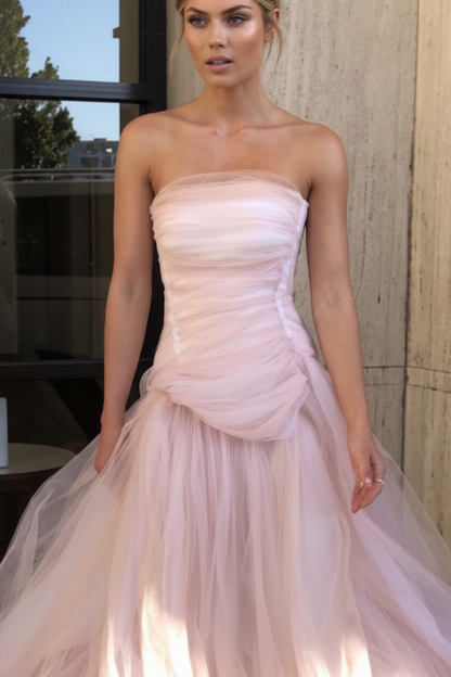 Gorgeous Strapless Layered Light Pink Tulle Long Prom Dresses Light Pink Tulle Formal Graduation Evening Dresses