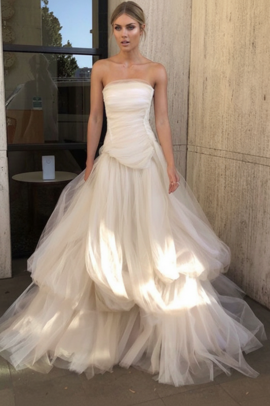 Gorgeous Strapless Layered Light Pink Tulle Long Prom Dresses Light Pink Tulle Formal Graduation Evening Dresses