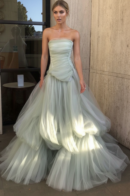 Gorgeous Strapless Layered Light Pink Tulle Long Prom Dresses Light Pink Tulle Formal Graduation Evening Dresses