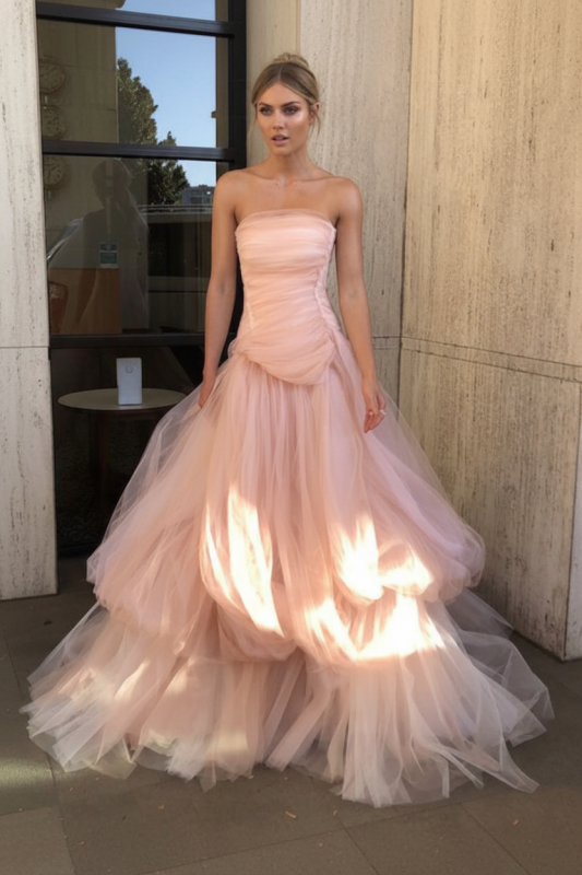 Gorgeous Strapless Layered Light Pink Tulle Long Prom Dresses Light Pink Tulle Formal Graduation Evening Dresses