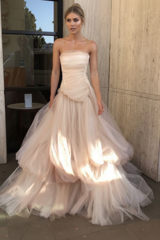 Gorgeous Strapless Layered Light Pink Tulle Long Prom Dresses Light Pink Tulle Formal Graduation Evening Dresses