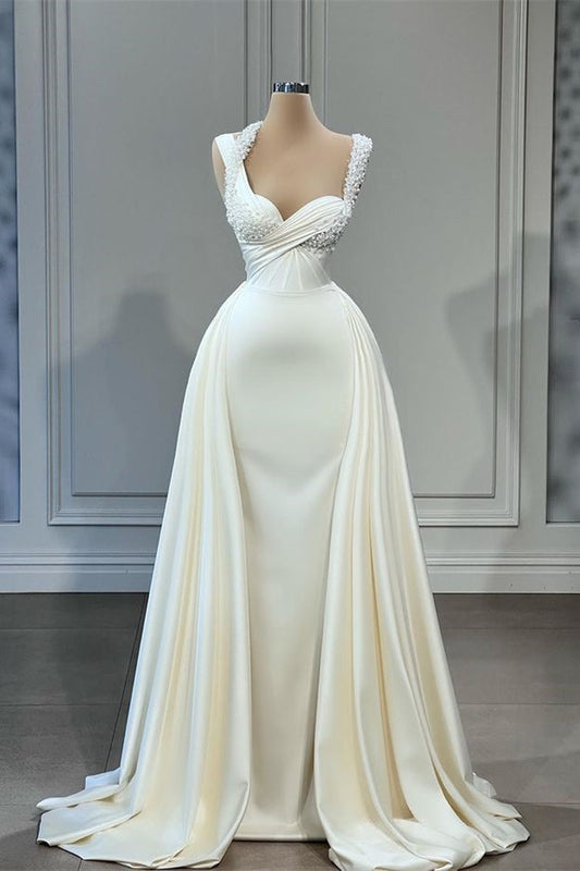 Gorgeous Straps Sweetheart Mermaid Wedding Gowns with Pearls Overskirt