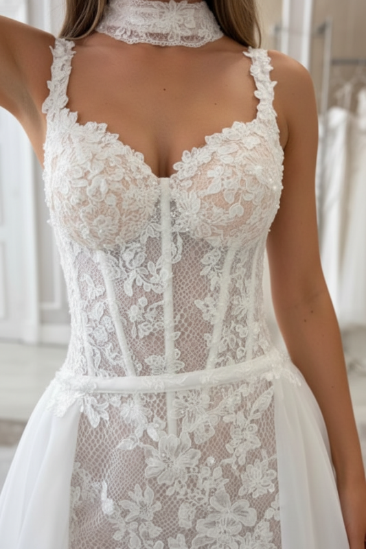 Gorgeous Tulle Lace Ivory Mermaid Wedding Dress Front Split with Detachable Train