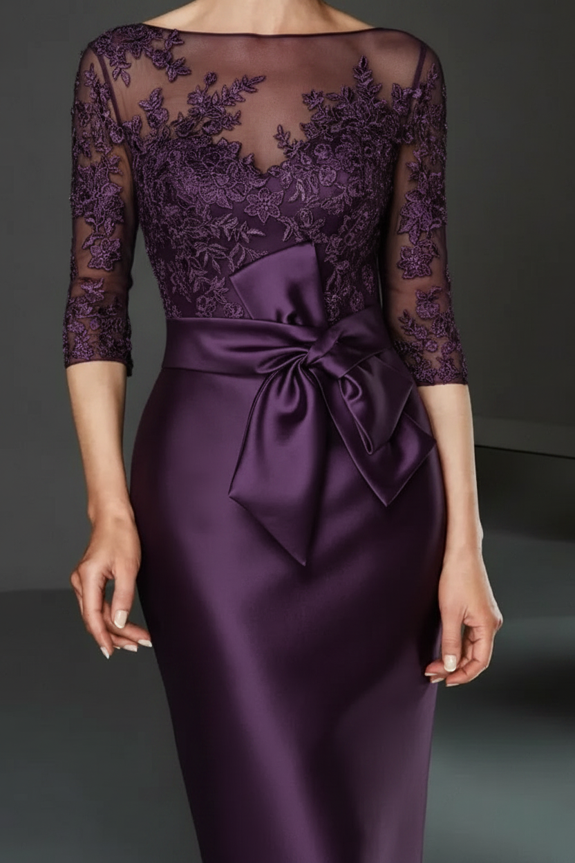 Bateau 3/4 Long Sleeves Satin Mother of the Bride Dresses with Lace