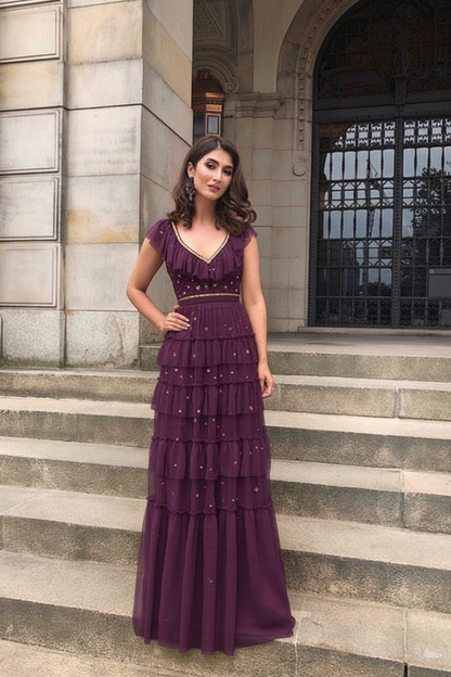 V Neck Ruffles Yellow Tulle Long Prom Dress