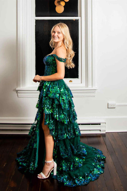 Off the Shoulder Lace Applique Ruffle Prom Dress with Slit
