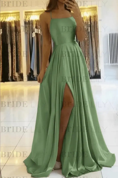 Simple Prom Dress Long With Spaghetti Straps Front Slit Satin Evening Dress