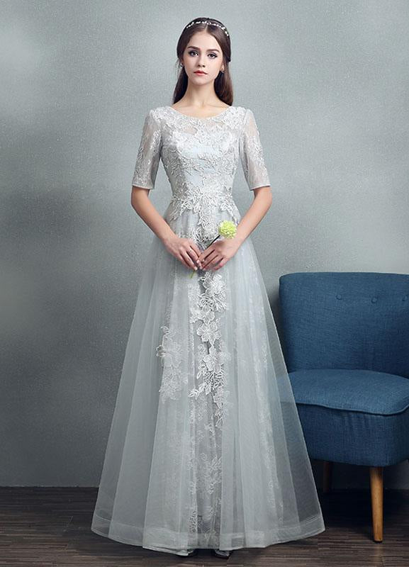 Grey Lace Applique Maxi Bridal Gown Backless Half Sleeve Floor Length Bridal Dress
