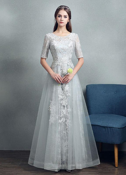 Grey Lace Applique Maxi Bridal Gown Backless Half Sleeve Floor Length Bridal Dress