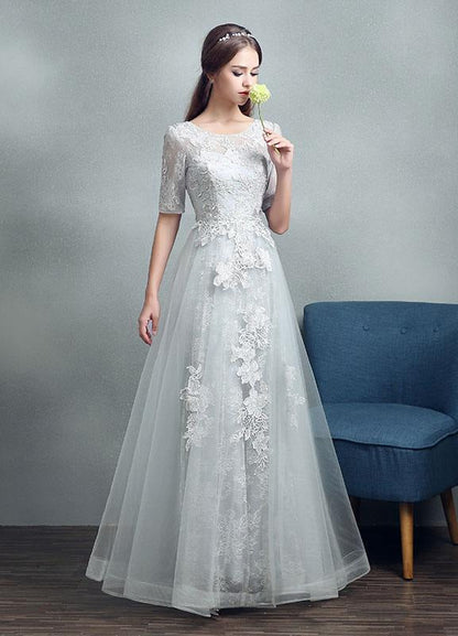 Grey Lace Applique Maxi Bridal Gown Backless Half Sleeve Floor Length Bridal Dress