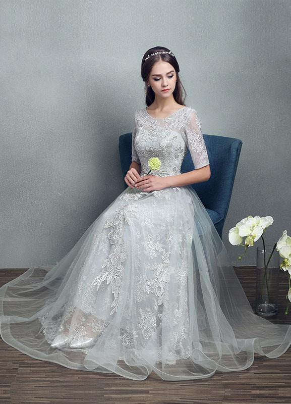 Grey Lace Applique Maxi Bridal Gown Backless Half Sleeve Floor Length Bridal Dress