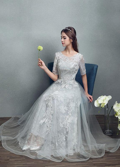 Grey Lace Applique Maxi Bridal Gown Backless Half Sleeve Floor Length Bridal Dress