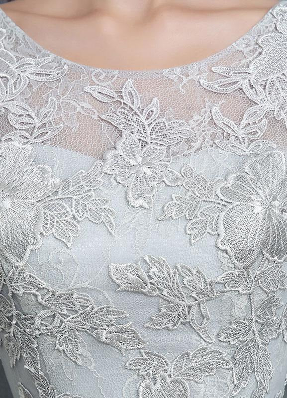 Grey Lace Applique Maxi Bridal Gown Backless Half Sleeve Floor Length Bridal Dress