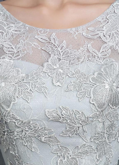 Grey Lace Applique Maxi Bridal Gown Backless Half Sleeve Floor Length Bridal Dress