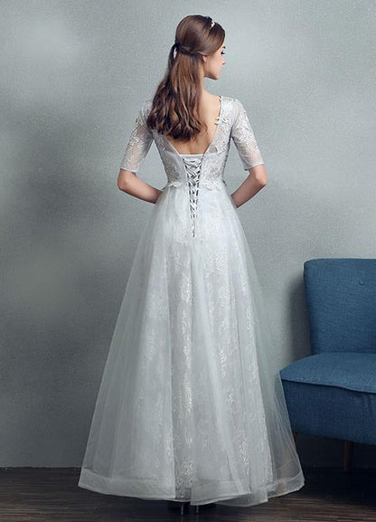Grey Lace Applique Maxi Bridal Gown Backless Half Sleeve Floor Length Bridal Dress