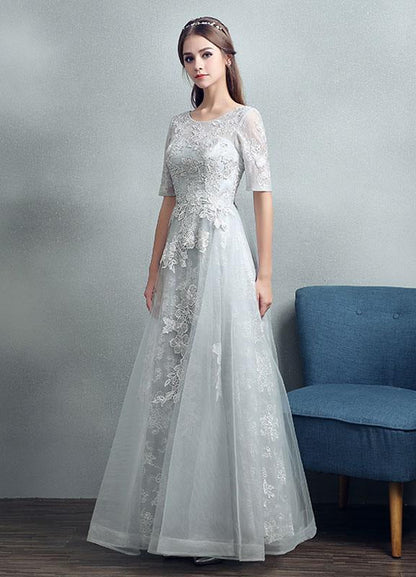 Grey Lace Applique Maxi Bridal Gown Backless Half Sleeve Floor Length Bridal Dress