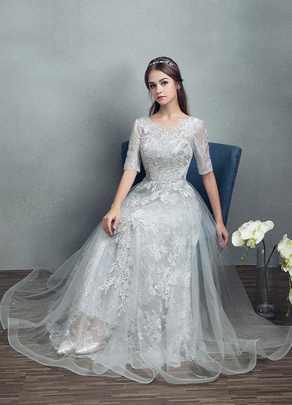 Grey Lace Applique Maxi Bridal Gown Backless Half Sleeve Floor Length Bridal Dress