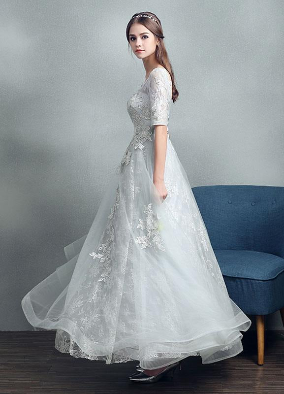 Grey Lace Applique Maxi Bridal Gown Backless Half Sleeve Floor Length Bridal Dress