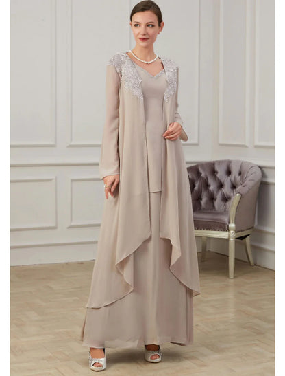 Aimishang  A-Line Mother of the Bride Dress Wedding Guest Elegant Jewel Neck Floor Length Chiffon Long Sleeve Jacket Dresses with Appliques Fall