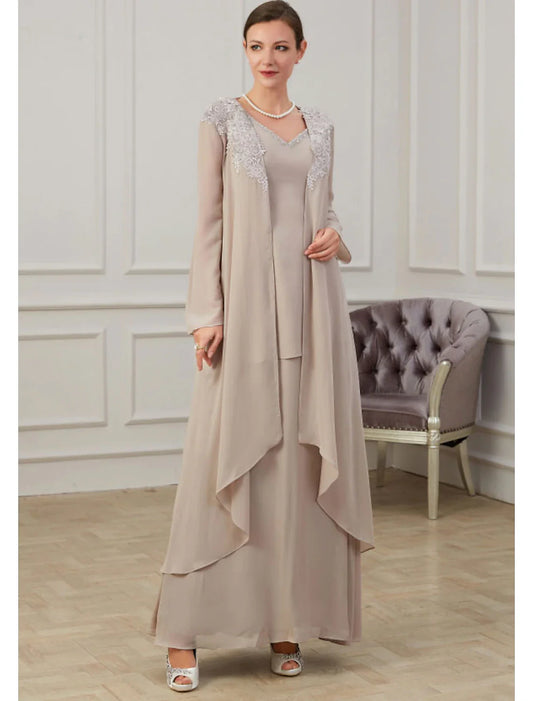 Aimishang  A-Line Mother of the Bride Dress Wedding Guest Elegant Jewel Neck Floor Length Chiffon Long Sleeve Jacket Dresses with Appliques Fall