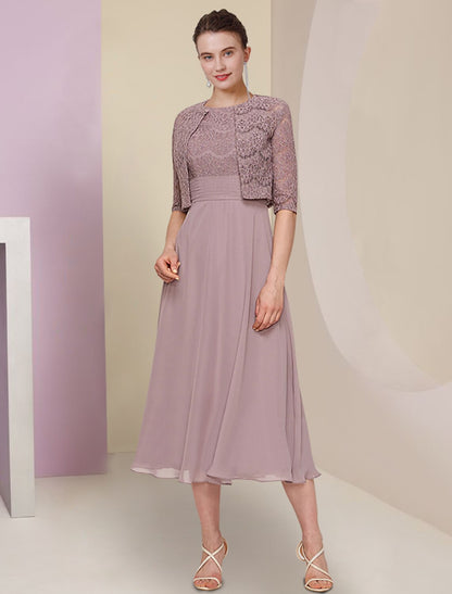 Aimishang  Two Piece Mother of the Bride Dress Wedding Guest Church Elegant Jewel Neck Tea Length Chiffon Lace Half Sleeve with Solid Color