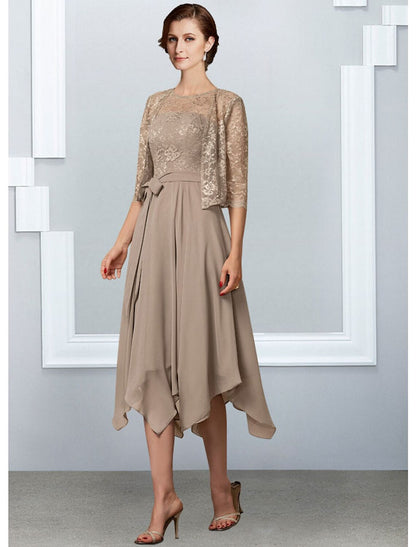 Aimishang A-Line Mother of the Bride Dress Elegant Jewel Neck Tea Length Chiffon Lace Half Sleeve with Pleats