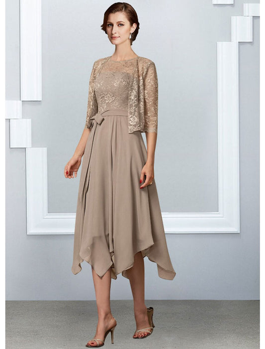 Aimishang A-Line Mother of the Bride Dress Elegant Jewel Neck Tea Length Chiffon Lace Half Sleeve with Pleats