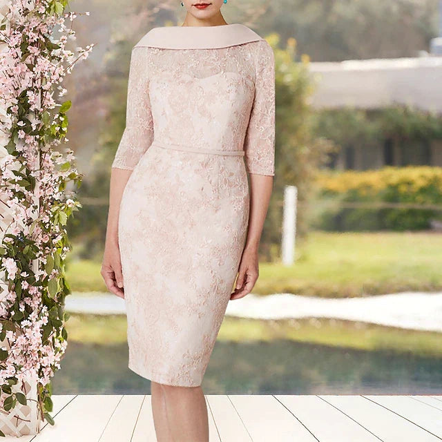 Sheath / Column Mother of the Bride Dress Elegant Jewel Neck Knee Length Lace Half Sleeve with Sash / Ribbon Appliques