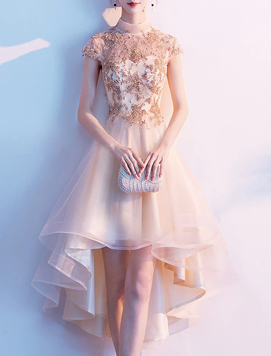 A-Line Cocktail Dresses Chinese Style Dress Wedding Guest Homecoming Asymmetrical Short Sleeve High Neck Tulle with Pleats Appliques