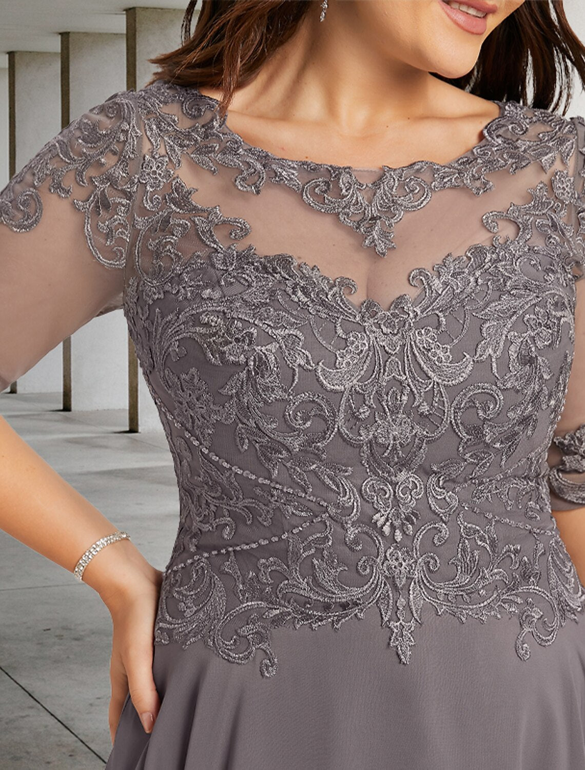 Aimishang A-Line Mother of the Bride Dresses Plus Size Hide Belly Curve Elegant Dress Formal Asymmetrical Half Sleeve Jewel Neck Chiffon with Beading Appliques