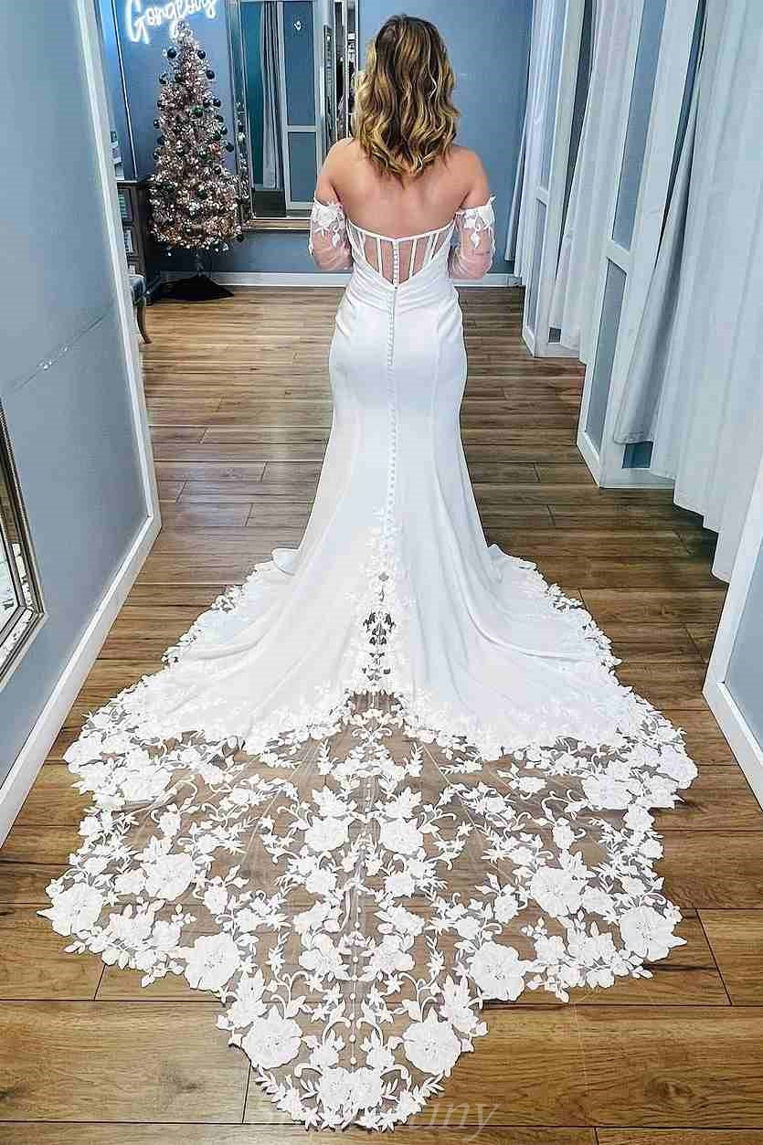 Elegant Sweetheart White Mermaid Slit Sweep Train Bride Dress with Sleeves