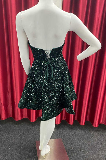 Blue Sequin Strapless Lace-Up A-Line Short Homecoming Dress