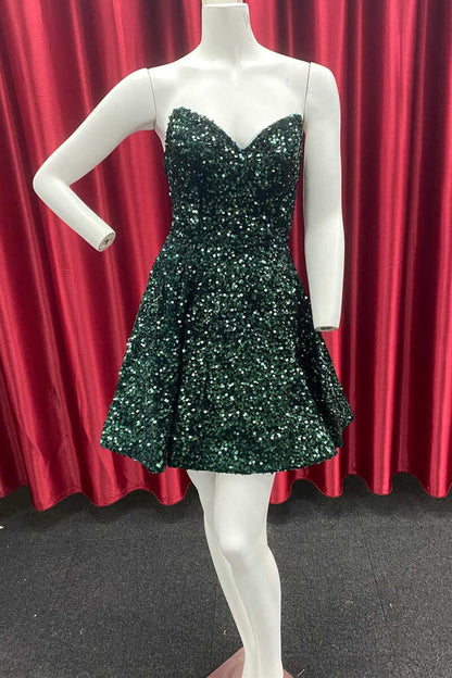 Blue Sequin Strapless Lace-Up A-Line Short Homecoming Dress