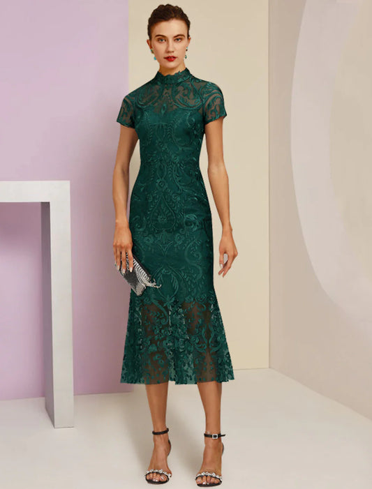 Aimishang  Sheath / Column Mother of the Bride Dress Wedding Guest Elegant High Neck Tea Length Lace Short Sleeve with Appliques