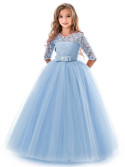 Half Sleeve Jewel Long Length Flower Girl Dress with Lace Tulle and Lace Belt Bow
