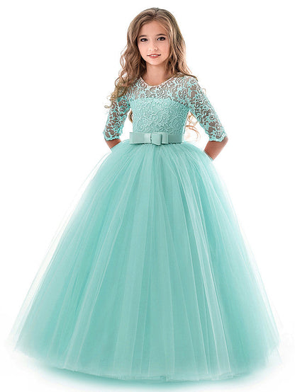 Half Sleeve Jewel Long Length Flower Girl Dress with Lace Tulle and Lace Belt Bow