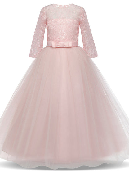 Half Sleeve Jewel Long Length Flower Girl Dress with Lace Tulle and Lace Belt Bow