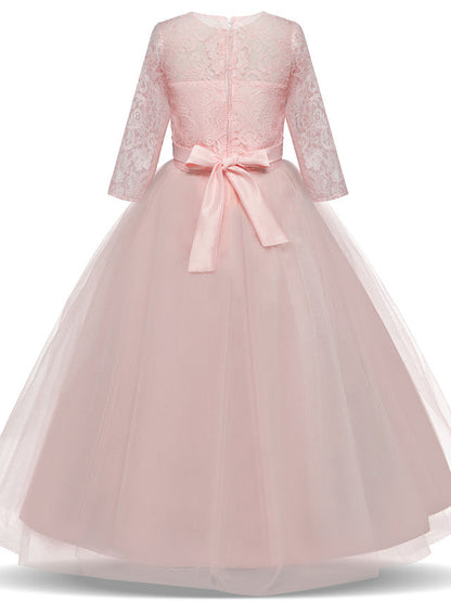 Half Sleeve Jewel Long Length Flower Girl Dress with Lace Tulle and Lace Belt Bow