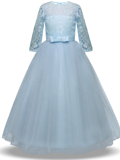 Half Sleeve Jewel Long Length Flower Girl Dress with Lace Tulle and Lace Belt Bow
