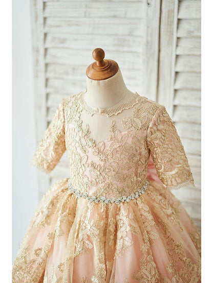 Half Sleeve Lace Neck Knee Length Jewel Ball Gown With Belt for Flower Girl Dress