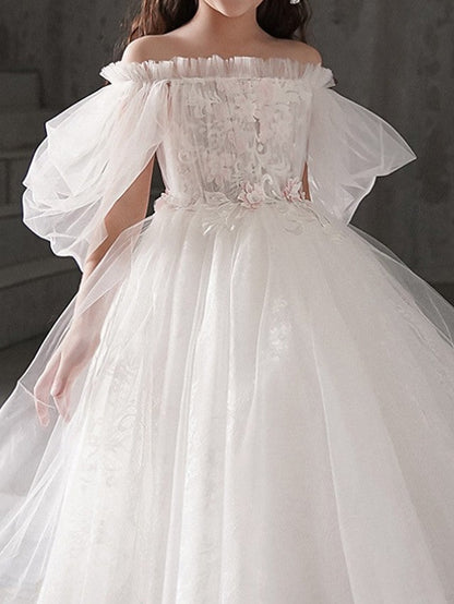 Half Sleeve Off Shoulder Flower Girl Dress with Appliques for Ball Gowns