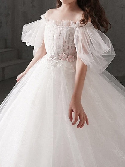 Half Sleeve Off Shoulder Flower Girl Dress with Appliques for Ball Gowns