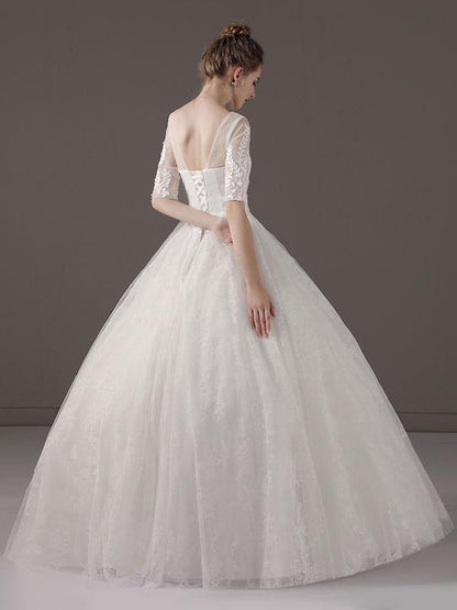 Half Sleeve Princess Ball Gown Ivory V Neck Lace Beaded Bridal Dress