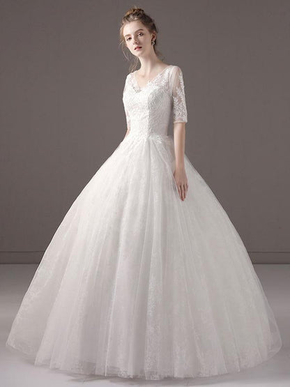 Half Sleeve Princess Ball Gown Ivory V Neck Lace Beaded Bridal Dress