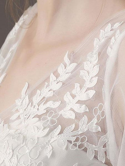 Half Sleeve Princess Ball Gown Ivory V Neck Lace Beaded Bridal Dress